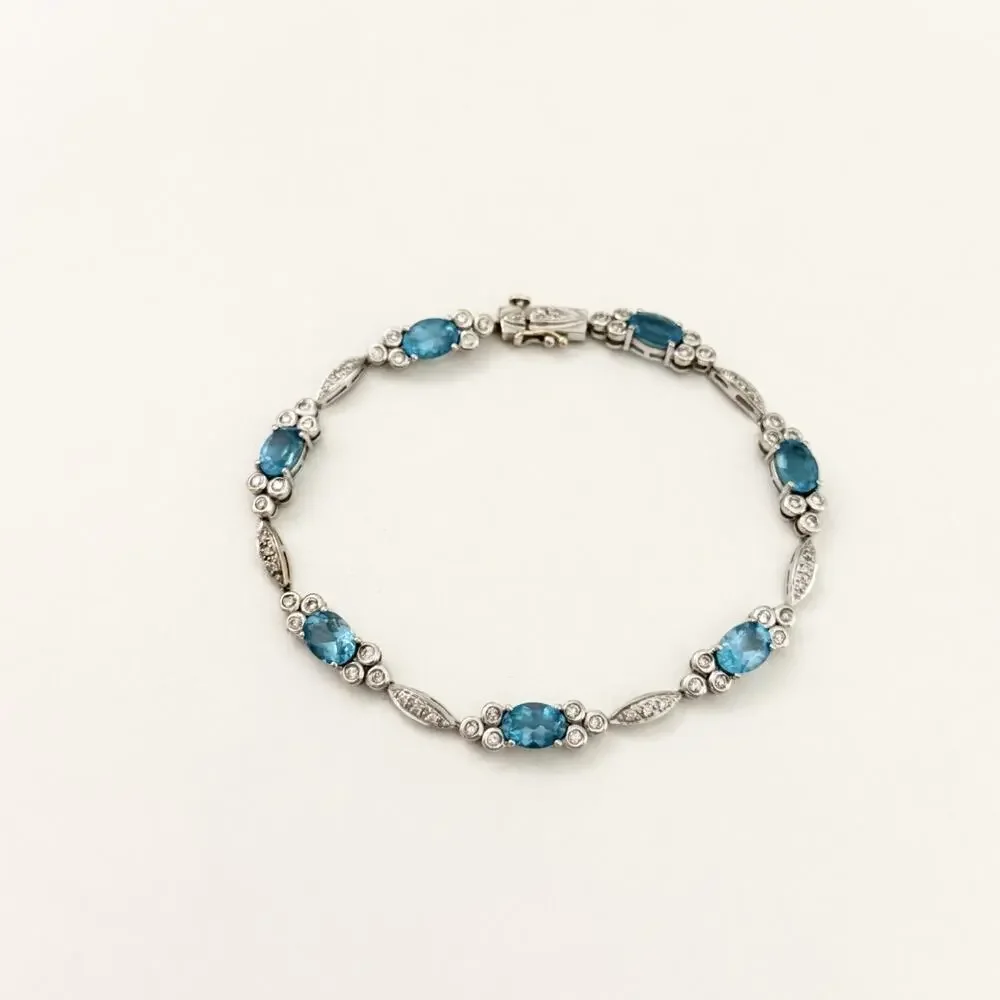 14K White Gold Blue Topaz & Diamond Bracelet
